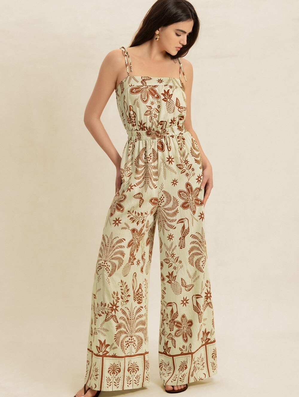 Women's Cream & Brown Printed Wide-Leg Jumpsuit - Picture 8 of 8